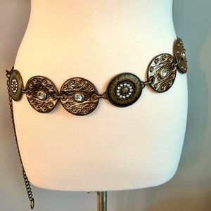 Round Medallion Metal and Faux Leather Belt w/ Rhinestones Brown